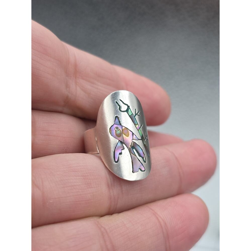 Taxco Sterling Silver Ring Inlaid With Abaloney&MOP Bird Motif Size 7.75 - Picture 6 of 11